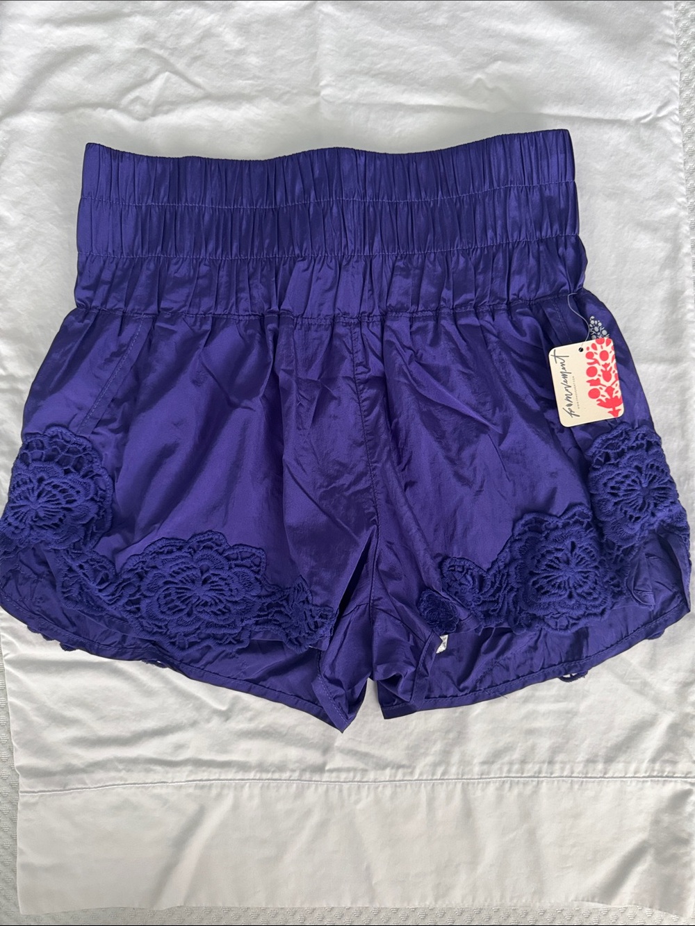 Free People High Waist Floral Lace Trim Satin Shorts - Deep Purple